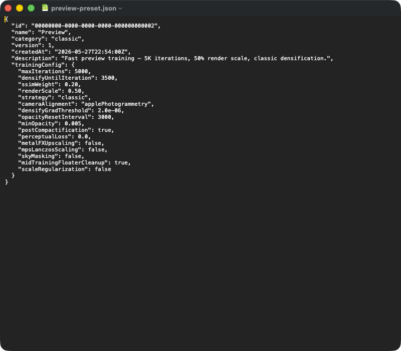 Preview preset exported as JSON and displayed in TextEdit — fields id/name/category/version/createdAt/description, trainingConfig with all relevant parameters (maxIterations 5000, densifyUntilIteration 3500, ssimWeight 0.20, renderScale 0.50, strategy classic, cameraAlignment applePhotogrammetry, densifyGradThreshold 2.0e-06, opacityResetInterval 3000, minOpacity 0.005, six boolean toggles)