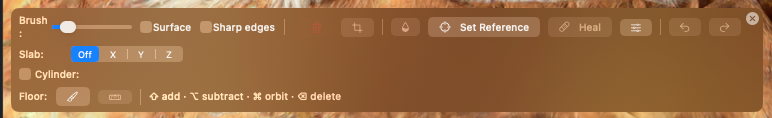 Toolbar in the editor, nothing marked — top row with „Brush:” slider, checkboxes „Surface” and „Sharp edges”, then the grayed-out trash, scissors, and droplet buttons, then „Set Reference”, „Heal”, the slider icon for the heal options, the undo and redo arrows, and the close cross on the right; below that the „Slab:” row with Off | X | Y | Z, the „Cylinder:” checkbox, and the „Floor:” row with two buttons and the note „⇧ add · ⌥ subtract · ⌘ orbit · ⌫ delete”