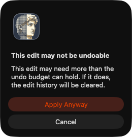 Dialog „This edit may not be undoable” — der Text erklärt, dass die Bearbeitungs-Historie geleert wird, wenn der Eintrag nicht ins Budget passt, darunter die Knöpfe „Apply Anyway” und „Cancel”