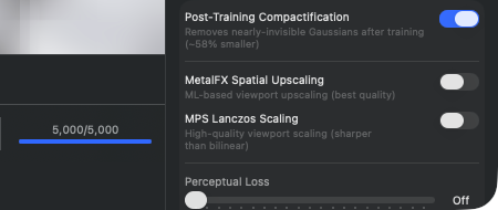 Crop kun Enhancements-sektion — fire rækker: Post-Training Compactification (toggle til), MetalFX Spatial Upscaling (toggle fra), MPS Lanczos Scaling (toggle fra), Perceptual Loss (slider på „Off”). Hver række med undertitel forklarer funktionen
