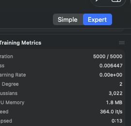 Crop kun Training Metrics-sektion efter afsluttet træning på buket (5K iterationer, 2 991 gaussians endelig) — tabel med trænings-metrikker (Iteration, Loss, SSIM Loss, Combined Loss, Gaussian Count, Learning Rate, Elapsed, ETA)