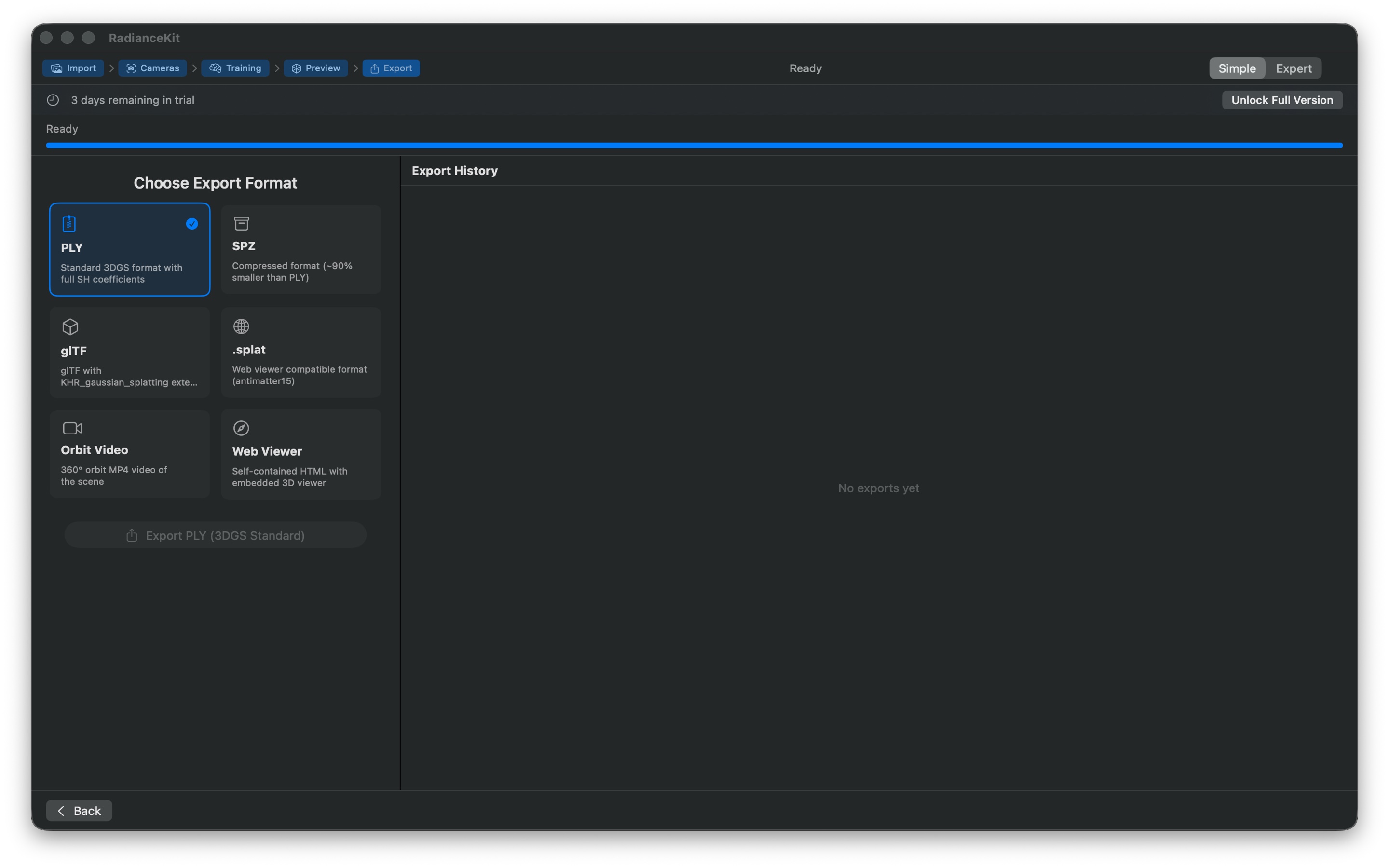 Simple mode export step with format cards