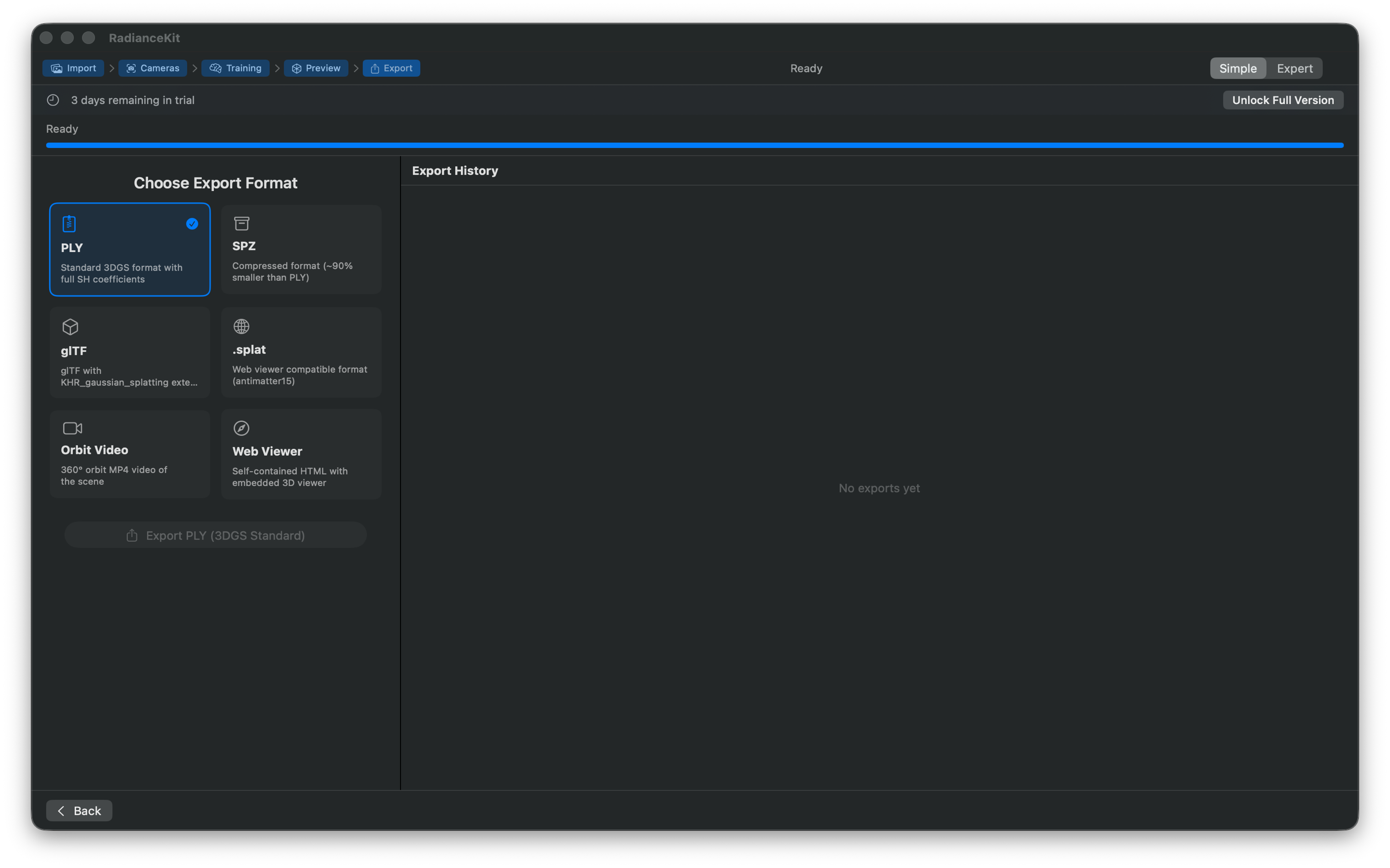 Simple Mode export step with format cards