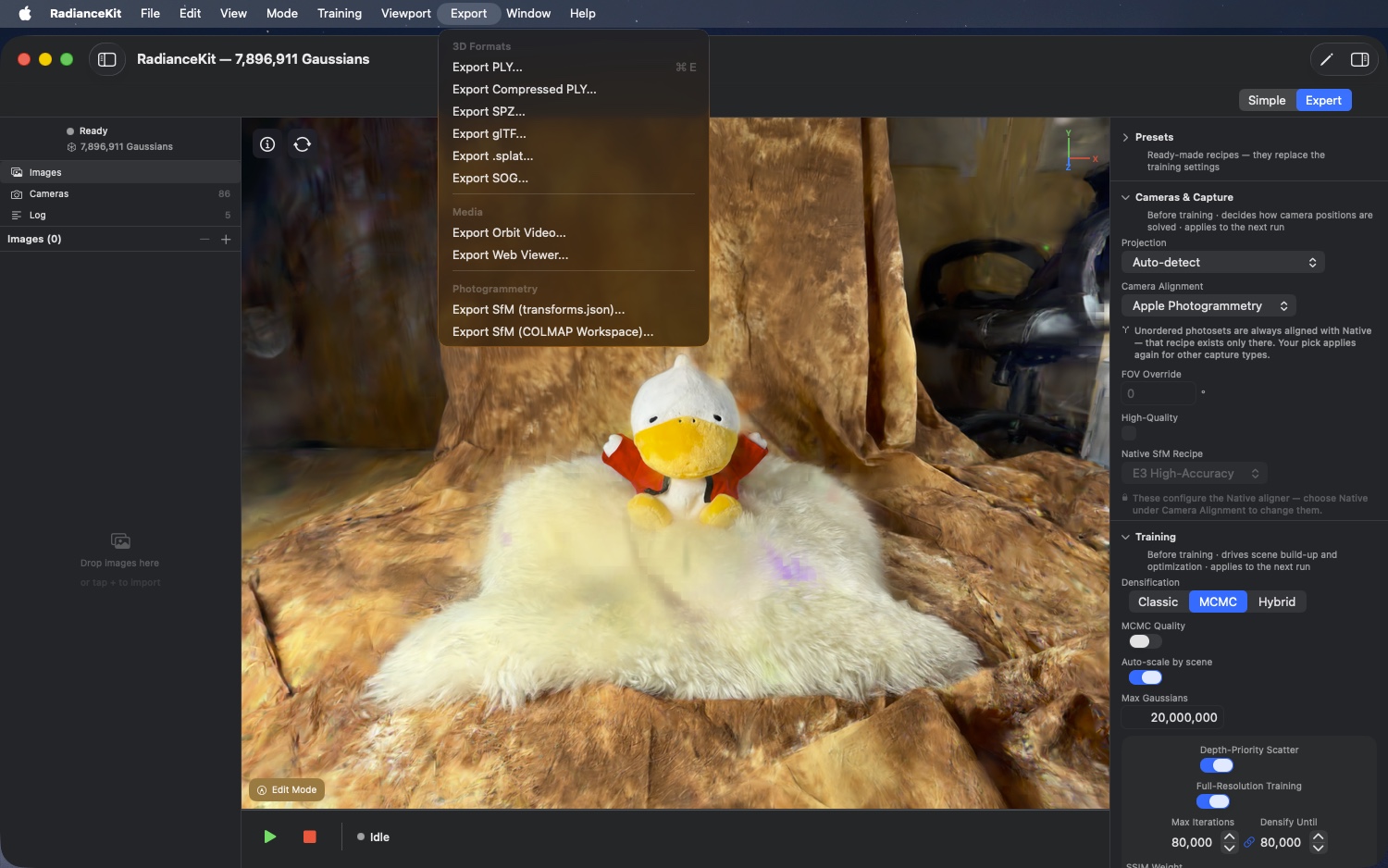 Export menu with three submenu groups — 3D Formats, Media and Photogrammetry