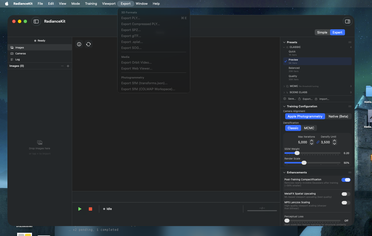 Export menu with three submenu groups — 3D Formats, Media, and Photogrammetry