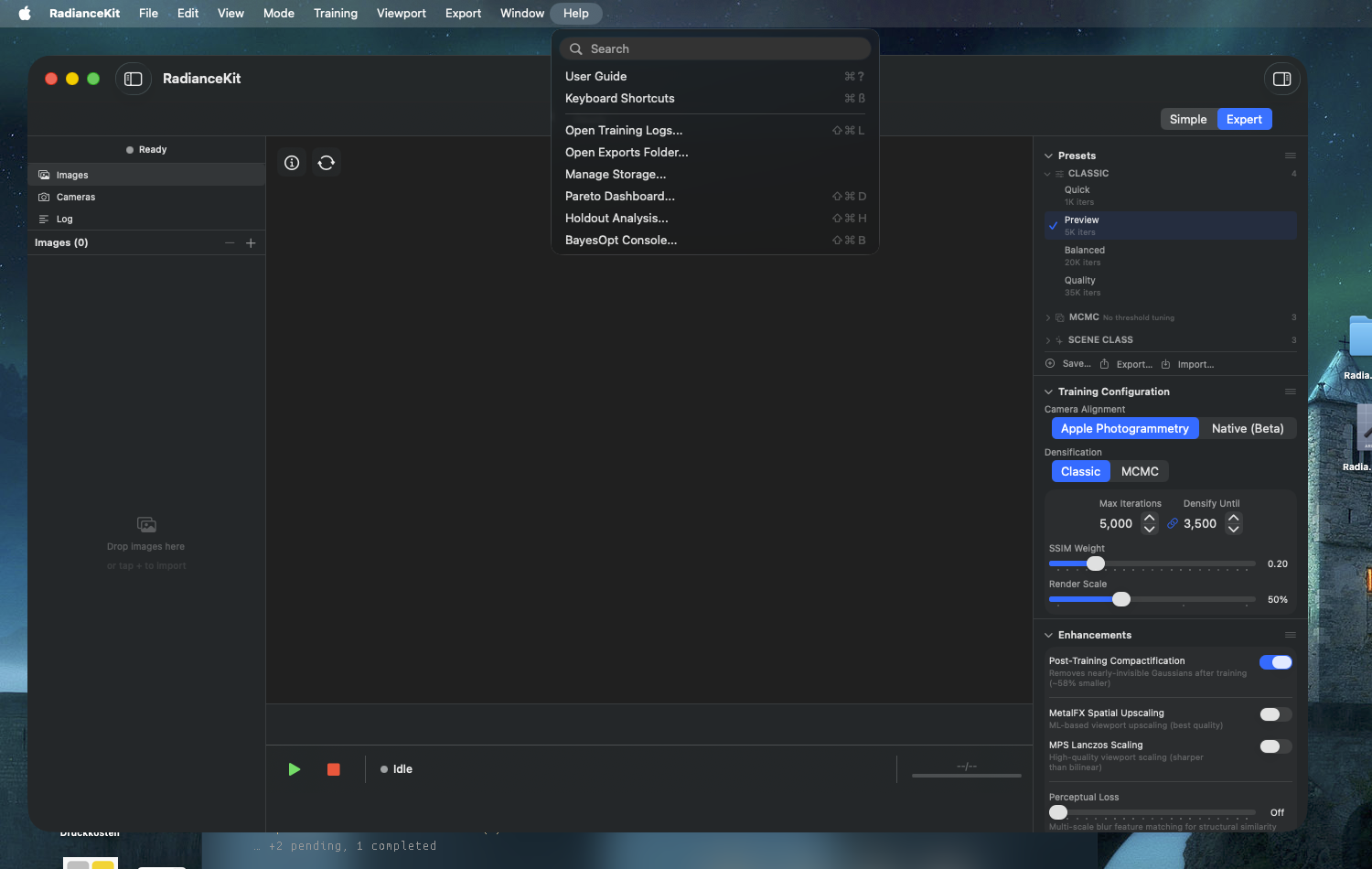 Help menu with documentation, folder, and analysis entries