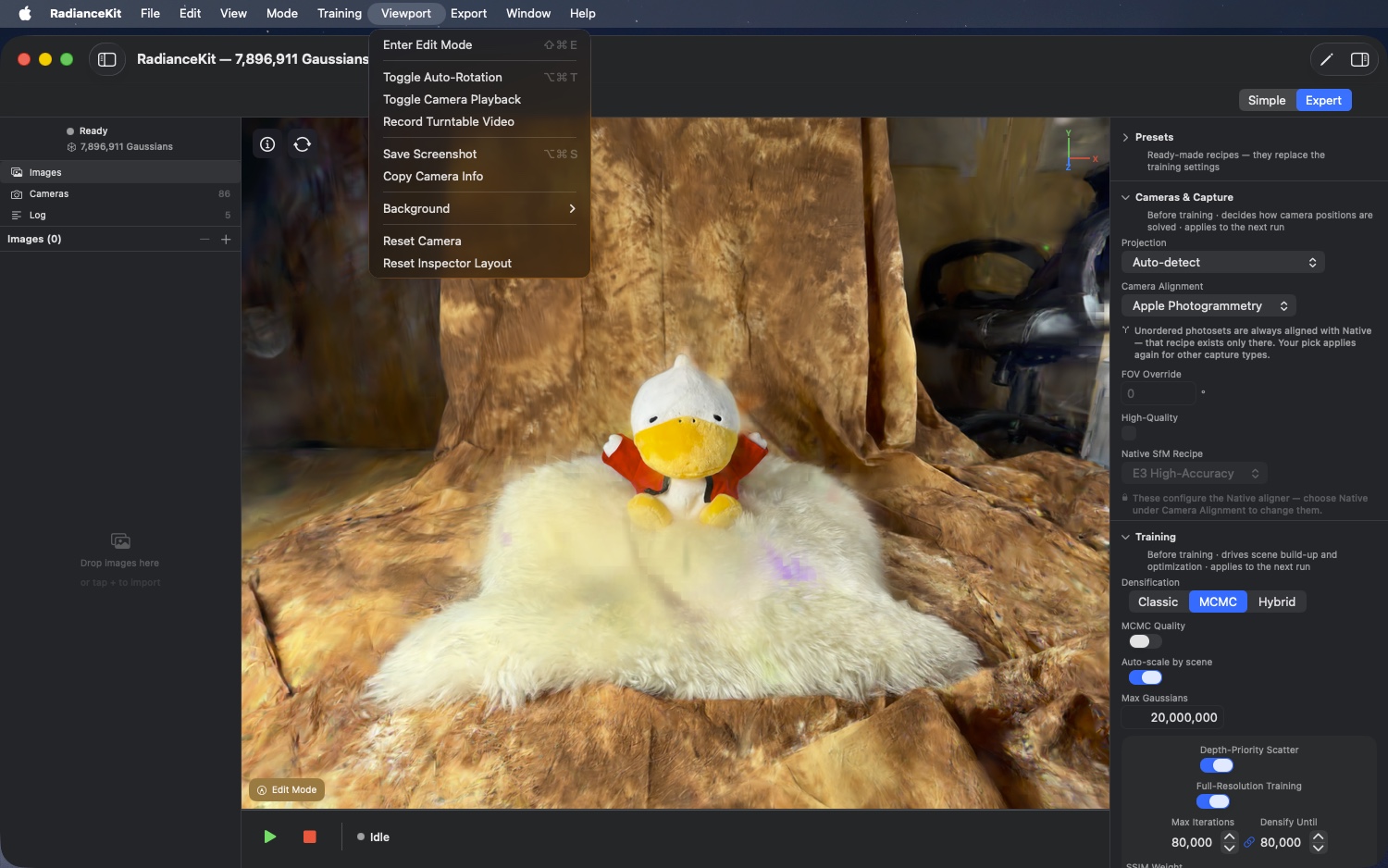 Viewport menu with Edit Mode, camera controls, background submenu, and the two reset entries