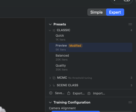 Presets section with all three groups — CLASSIC (4 presets: Quick/Preview/Balanced/Quality), MCMC (3 presets, expanded with note „No threshold tuning”), SCENE CLASS (3 presets, Bayes-tuned in Phase Q7)