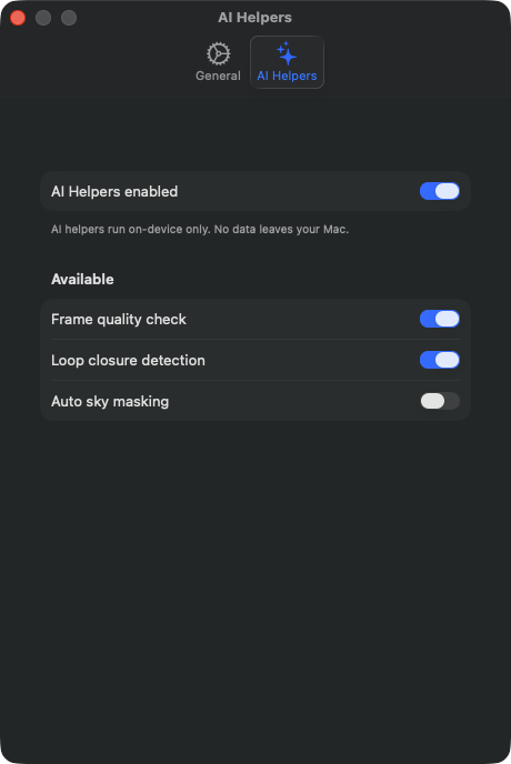 Settings → AI Helpers tab with master switch and sub-toggles