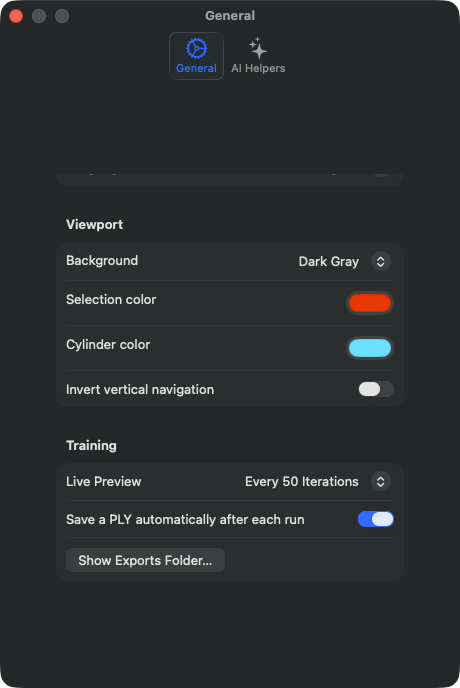 Settings → General tab, scrolled down: the end of the Viewport section and the Training section