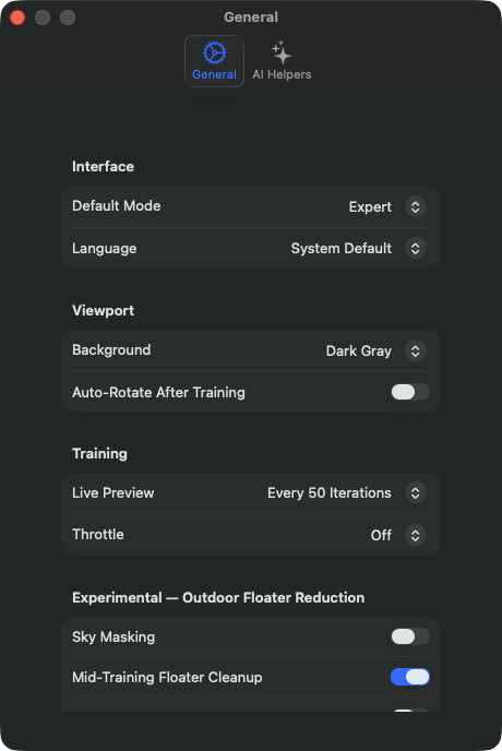 Settings → General tab with Interface, Viewport, Training and Experimental sections