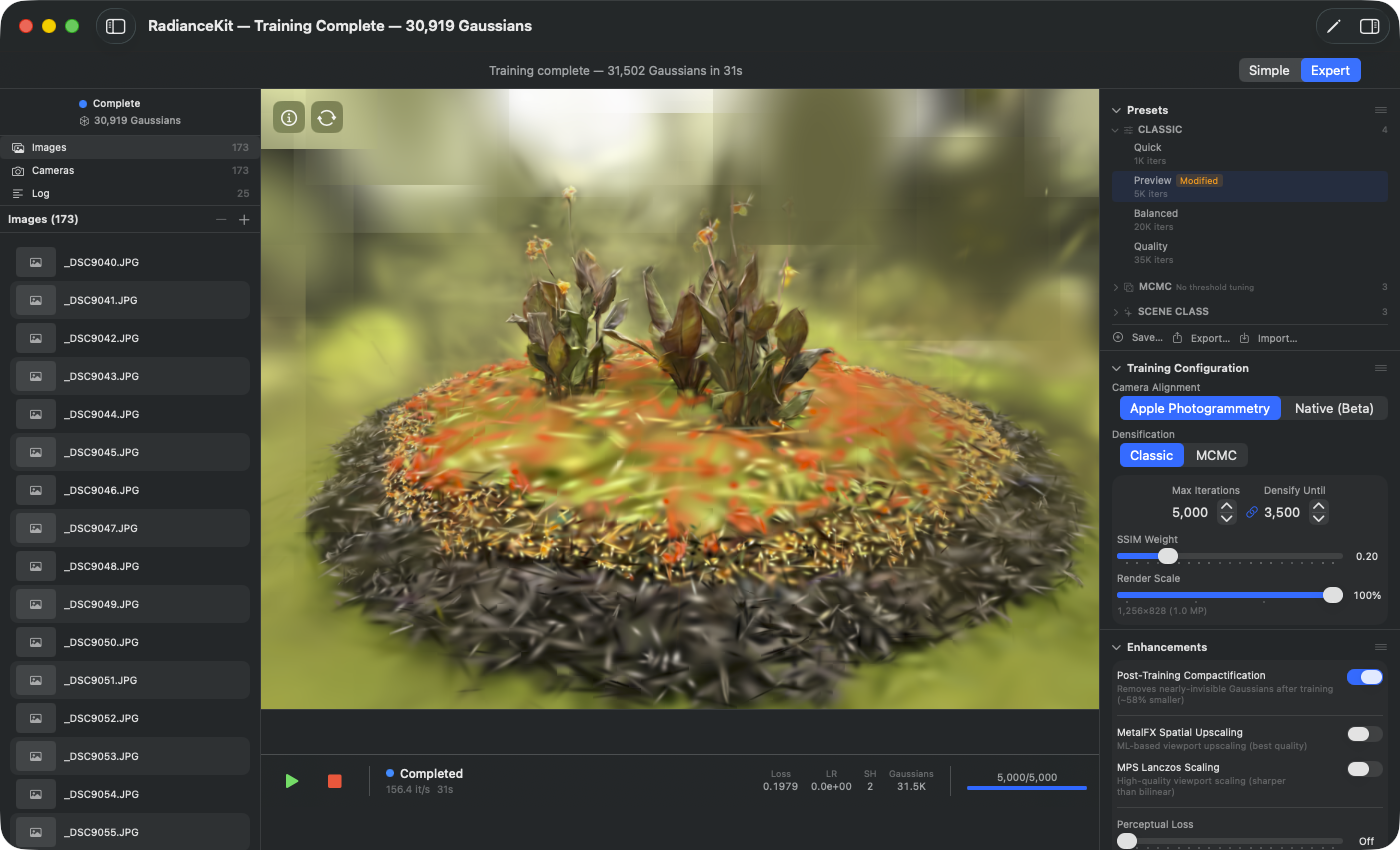 Inspektor s aktivním Native (Beta) — Camera Alignment picker, druhá možnost vybrána, všechny ostatní parametry konfigurace tréninku beze změny