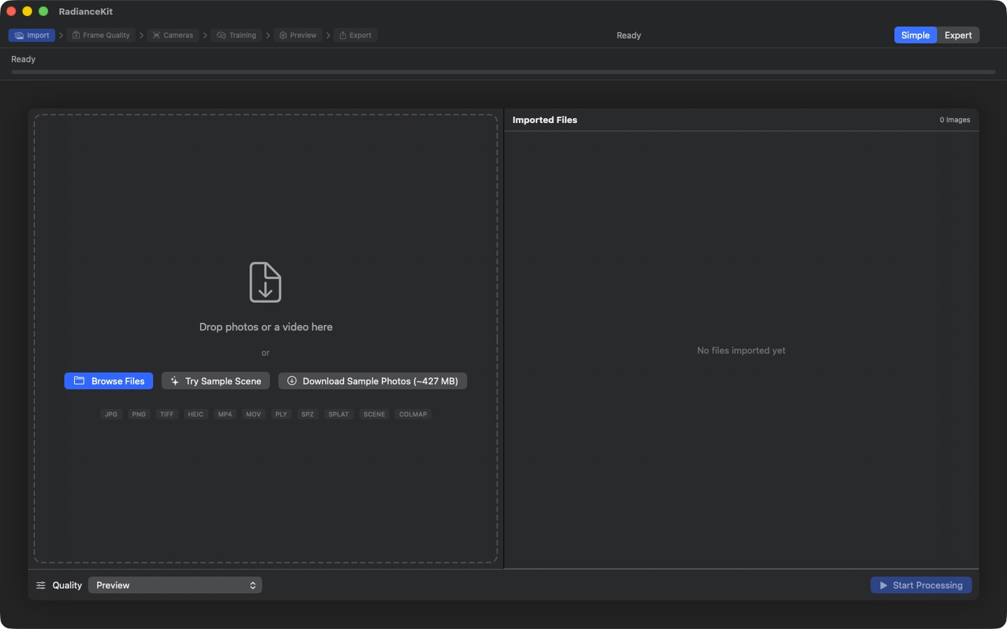 Simple Mode step 1 — empty drop zone before image import, step chain at top (Import → Frame Quality → Cameras → Training → Preview → Export), format pills JPG/PNG/TIFF/HEIC/MP4/MOV/PLY/SPZ/SPLAT/SCENE/COLMAP