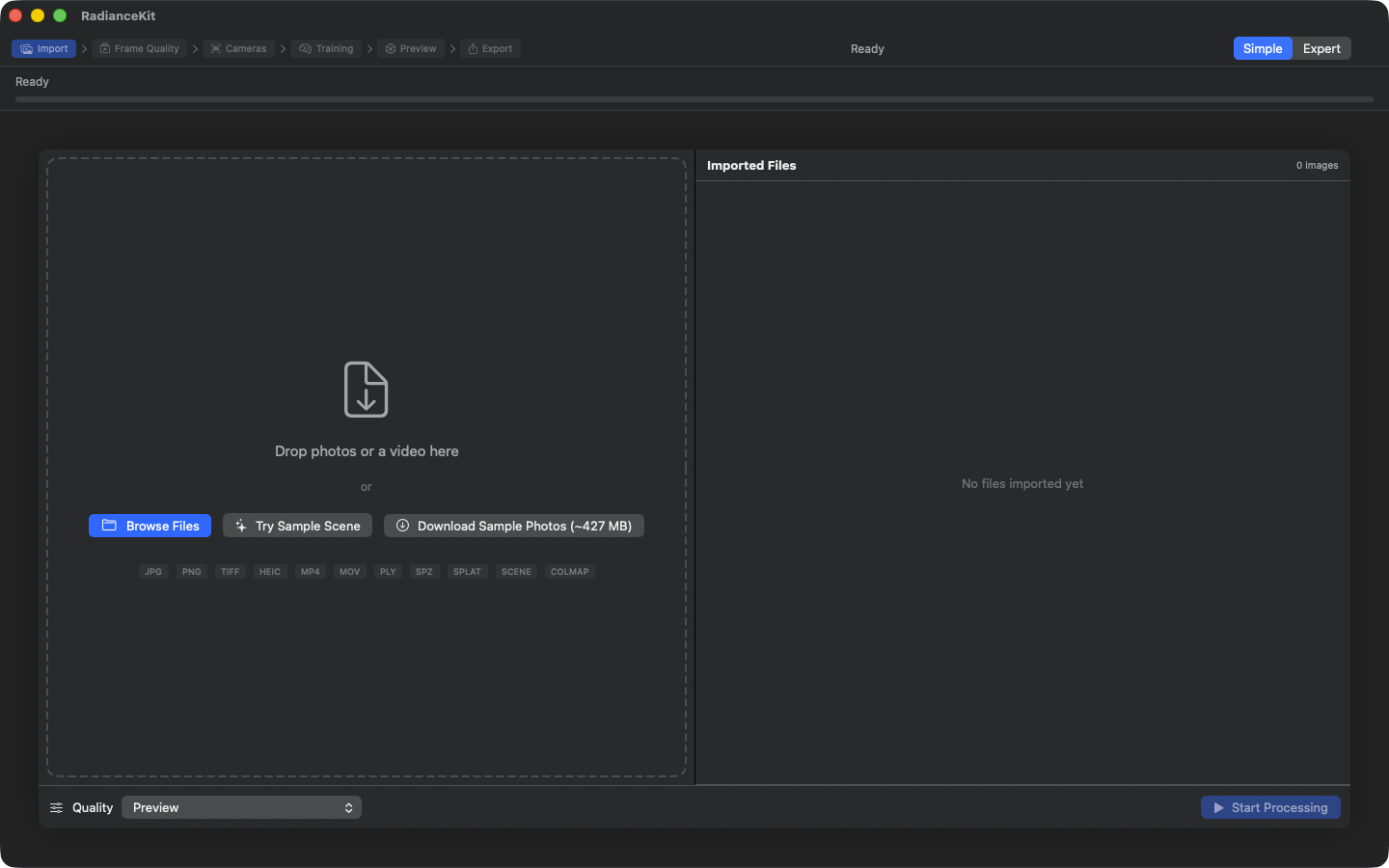 Simple Mode step 1 — empty drop zone before image import, crumb trail at the top (Import → Frame Quality → Cameras → Training → Preview → Export), format pills JPG/PNG/TIFF/HEIC/MP4/MOV/PLY/SPZ/SPLAT/SCENE/COLMAP