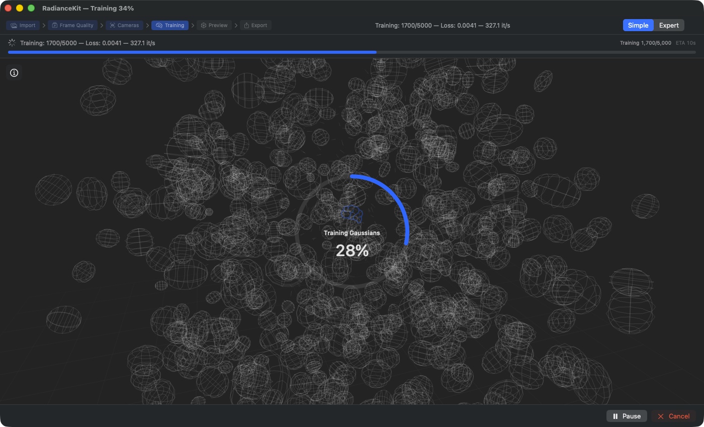 Z2 training phase — stage icon “Training Gaussians” with 6%, live metrics at top (Training: 400/5000 — Loss: 0.1642 — 138.7 it/s), ETA 33s, Pause/Cancel at bottom