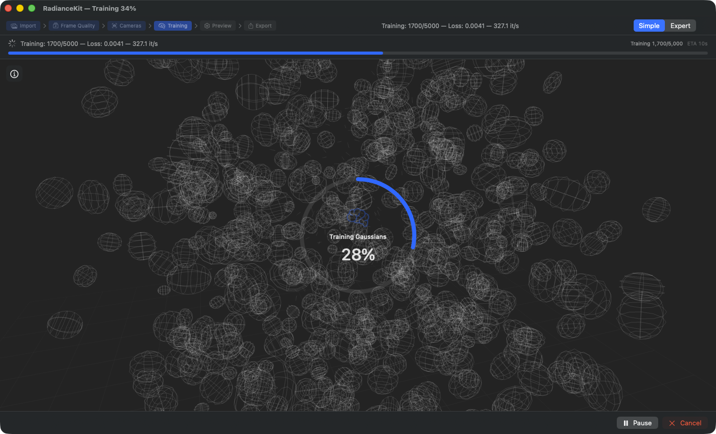 Z2 training phase — stage icon „Training Gaussians” at 6 %, live metrics on top (Training: 400/5000 — Loss: 0.1642 — 138.7 it/s), ETA 33s, Pause/Cancel at the bottom