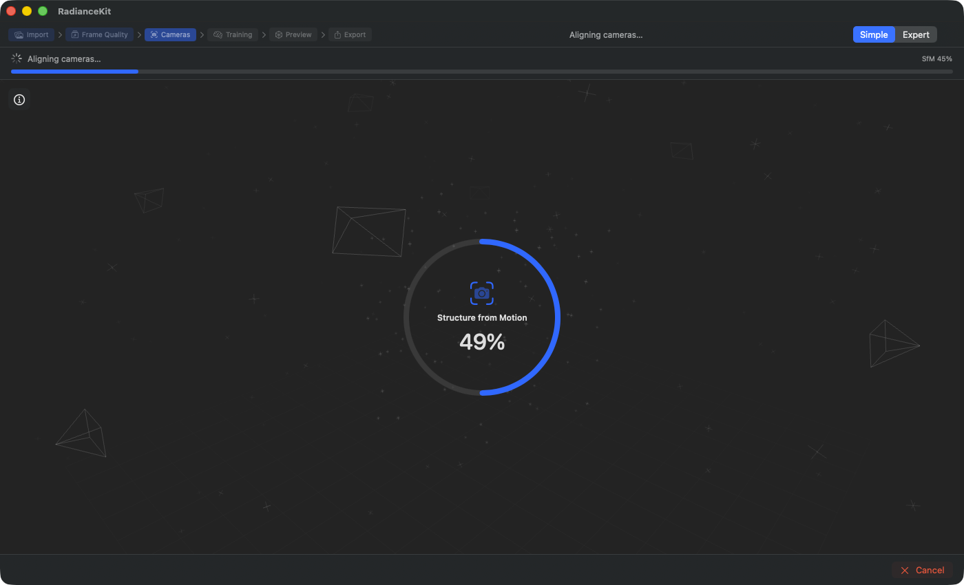 Z2 SfM phase — stage icon „Structure from Motion” with 41 % in the large circle, top status bar at „SfM 25 %“, Cancel button bottom right