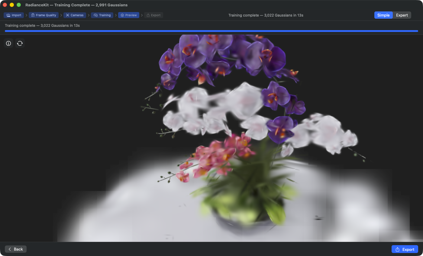 Z3 preview after training completion — Bjoern's Blender bouquet reconstructed, header shows „Training complete — 3,022 Gaussians in 13s”, Back and Export buttons at the bottom