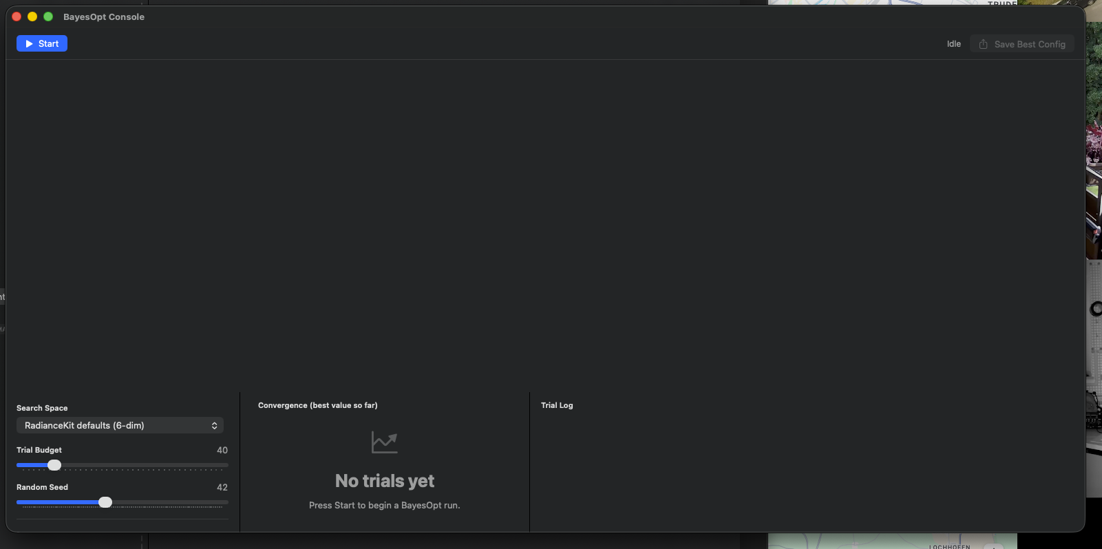 BayesOpt console — empty state before trial start