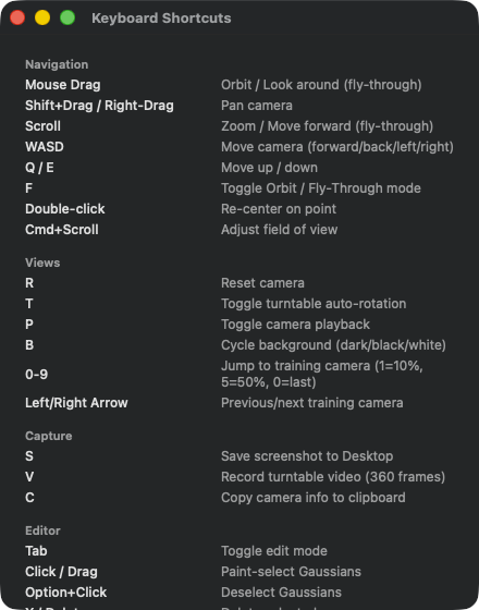 Keyboard Shortcuts window — five groups Navigation/Views/Capture/Editor/Training with hotkey column on the left and description on the right