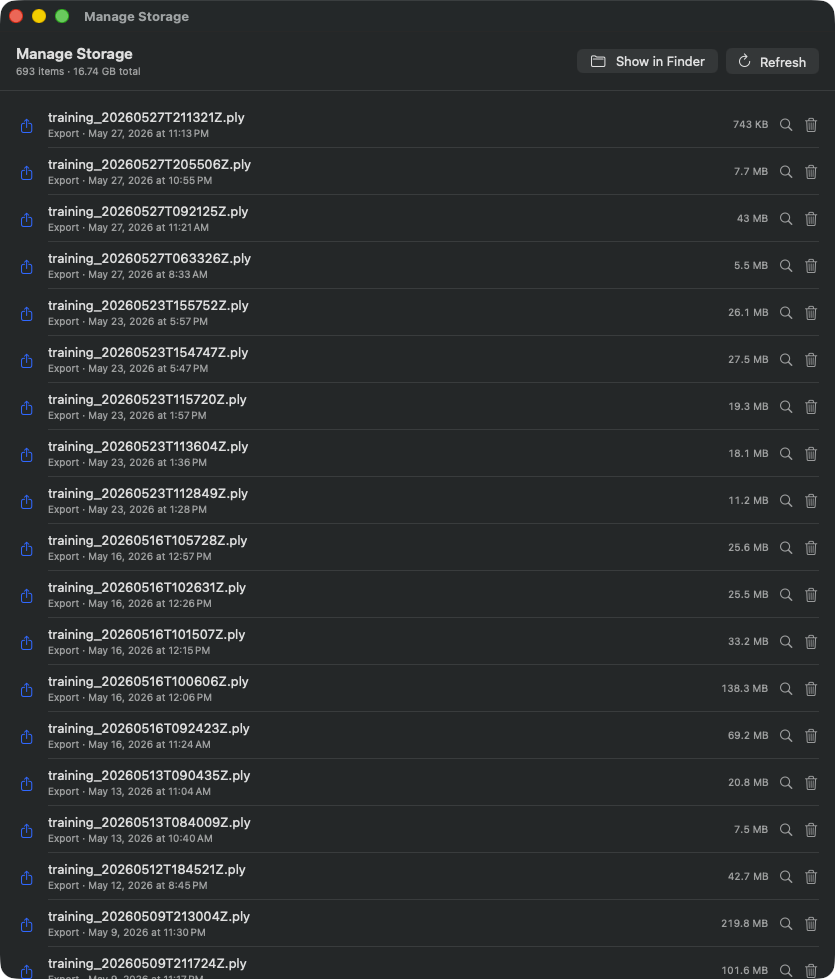 Manage Storage window — header shows „693 items · 16.74 GB total”, table with Export PLY files sorted by date, each with format pill + filename + size + date