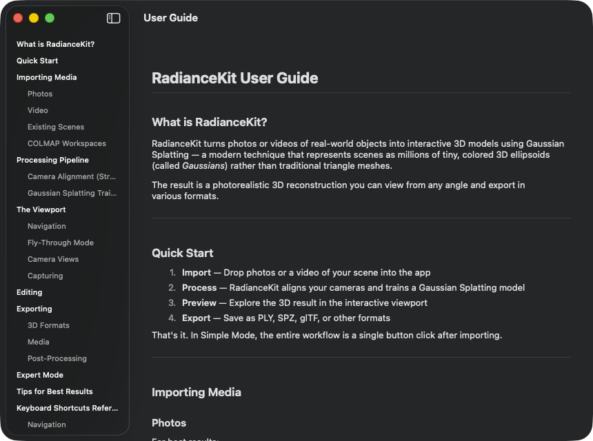 User Guide window with sidebar on the left and rendered Markdown content on the right