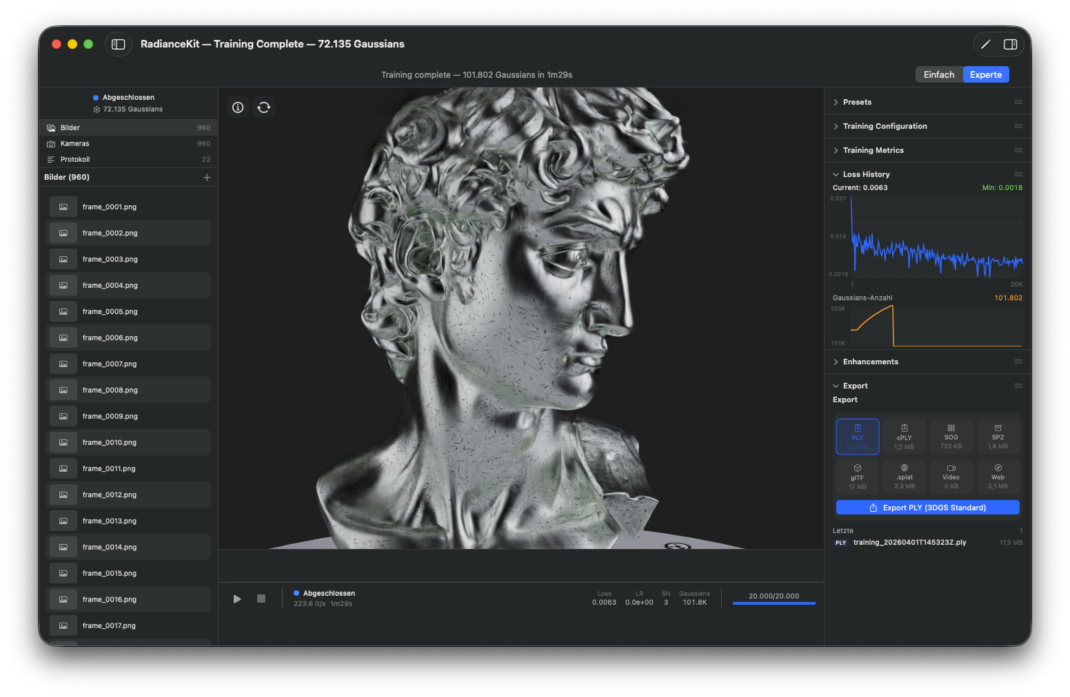 Michelangelo’s David reconstructed as a 3D Gaussian Splat — Expert Mode