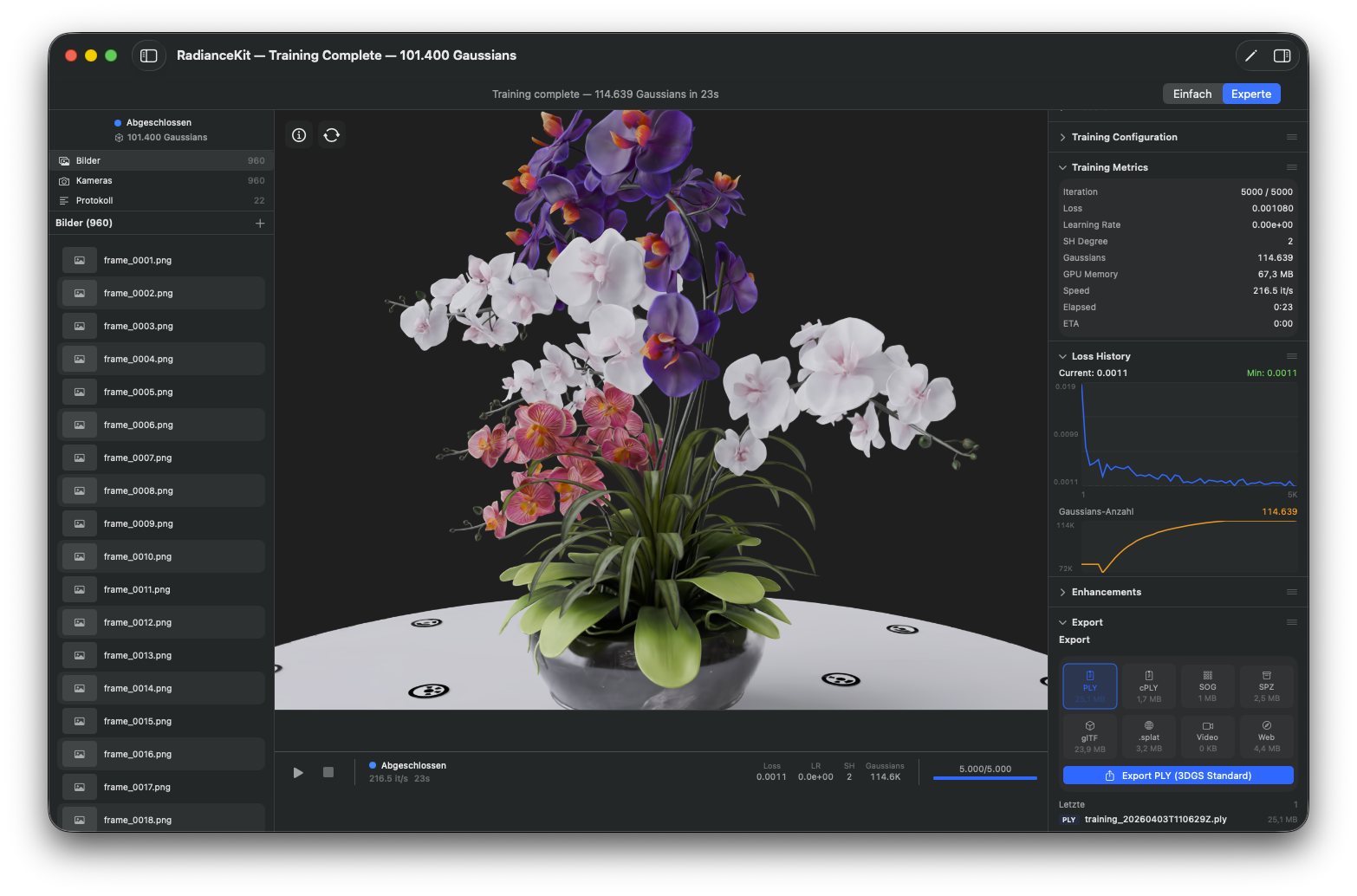 Live training metrics and loss curve while reconstructing a flower bouquet